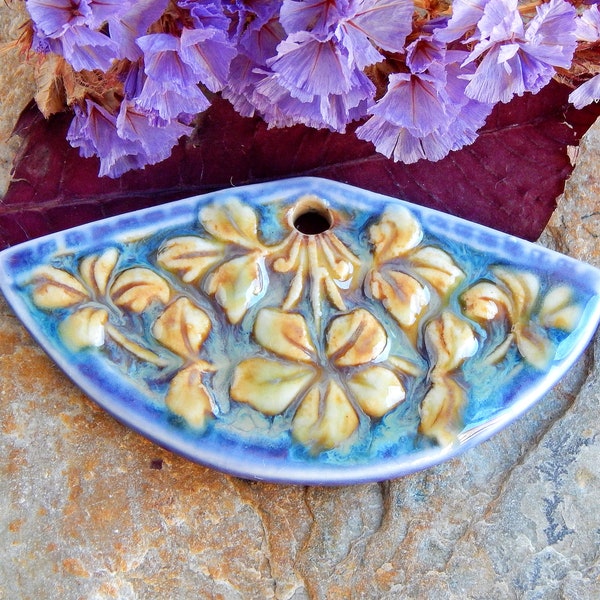 Flowers pendant ceramic, artisan necklace supplies, bohemian medallion, handcrafted pendant, boho focal, artisan pendant