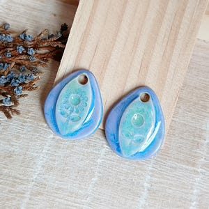 Handmade drop floral charms of ceramic, Blue flower components for making jewelry, 2pcs Artisan porcelain pendants, Boho ceramic beads