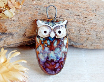 Rustic ceramic owl charm, unique bird pendant, dangle artisan pendant necklace, handmade jewelry making components