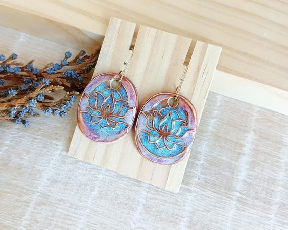 限定1点◍No.64 ＊handmade＊earring ◍ Drop Earrings With Lotus Flower Pattern, Handcrafted Dangle