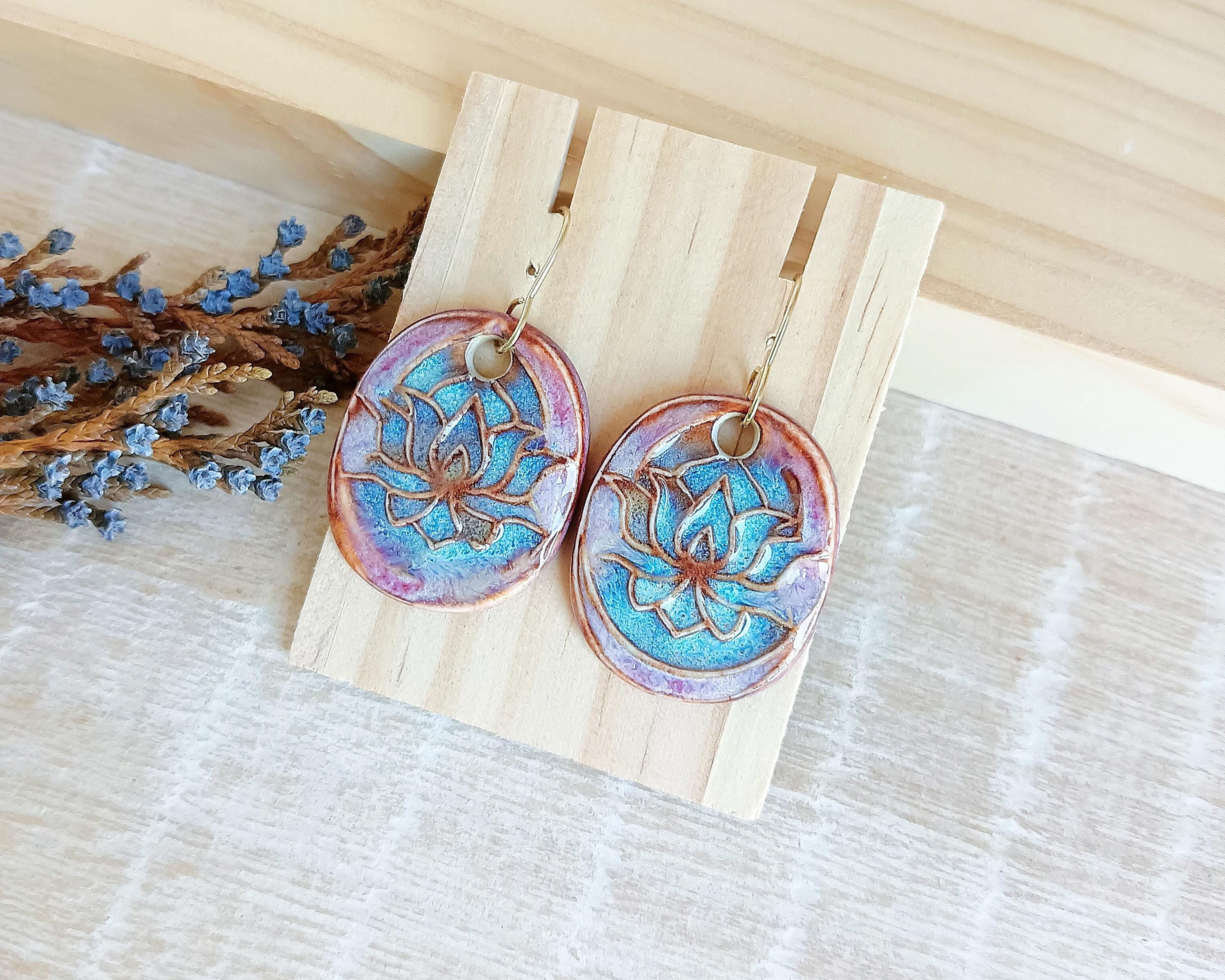 Drop Earrings With Lotus Flower Pattern, Handcrafted Dangle