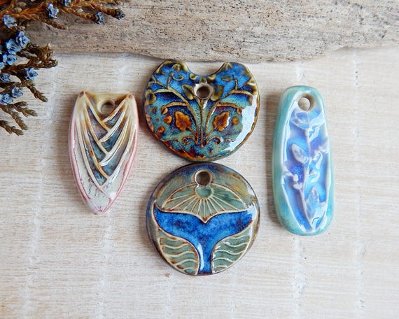Set Bulk Ceramic Pendants 4 artisan pendants porcelain boho necklace supplies lot handcrafted pendants
