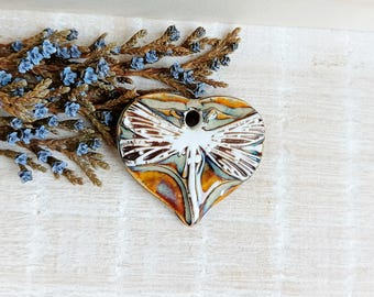 1 Woodland ceramic charm, Artisan heart pendant for making necklace, Nature boho jewelry findings, Rustic dragonfly earring charm