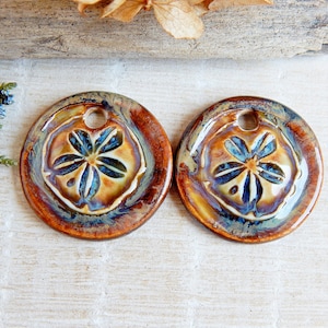 2 Sand dollar artisan charms, Large ocean life pendants of ceramic, Handmade ocean findings for making earrings, Unique art beads