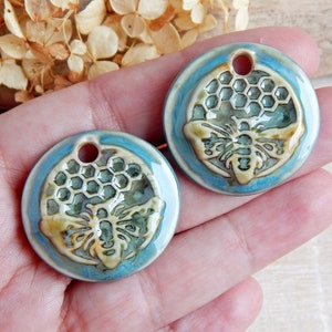 Honeycomb round earring charms, 2 honey bee artisan ceramic jewelry components, Handcrafted boho findings, Handmade unique pendants image 2