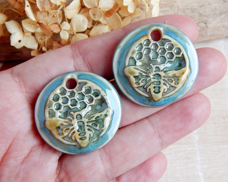 Honeycomb round earring charms, 2 honey bee artisan ceramic jewelry components, Handcrafted boho findings, Handmade unique pendants image 2