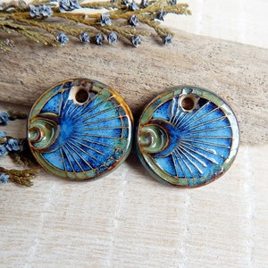 Round artisan ceramic earring charms, Handmade moon pendants for jewelry making, Pair handcrafted dangle blue components, Porcelain beads