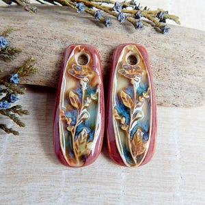 Floral artisan charms, Pair rectangle ceramic pendants, Handmade boho components to make earrings, Nature unique jewelry findings