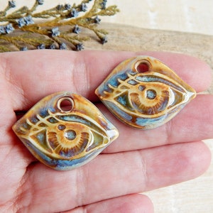 Small eye ceramic charms, Handmade all seeing eye earring pendants, Artisan boho findings for DIY jewelry, 2 pcs porcelain beads