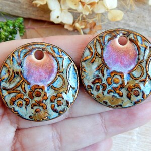 Artisan bohemian charms with round design, earring findings of ceramic with a floral pattern image 3