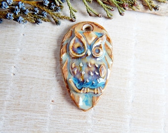 Handmade barn owl ceramic pendant, Artisan big charm for making necklace, Earthy porcelain boho jewelry findings, Forest animal pendant