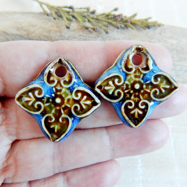 Small floral ceramic earring charms, 2 pcs Handcrafted artisan dangle boho pendants, Pair of boho blue components, Ceramic beads