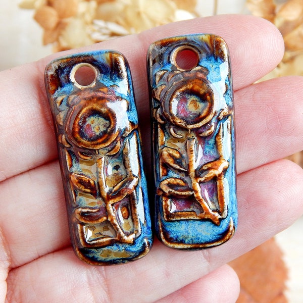 Rectangle flower earring charms of ceramic, Rustic nature jewelry findings, Pair handcrafted earthy pendants, Artisan floral boho components