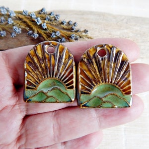 Rustic sun earring charms, 2pcs Boho ceramic charms for jewelry making, Artisan landscape earring findings, Handmade ceramic beads