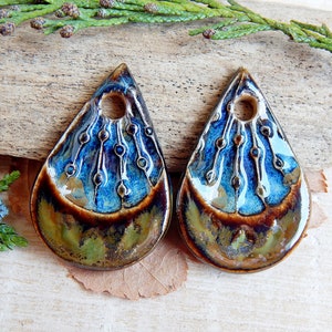 Artisan teardrop charms, 2pcs Rustic ceramic earring pendants, Organic boho components for making jewelry, Handmade dangle art beads image 5