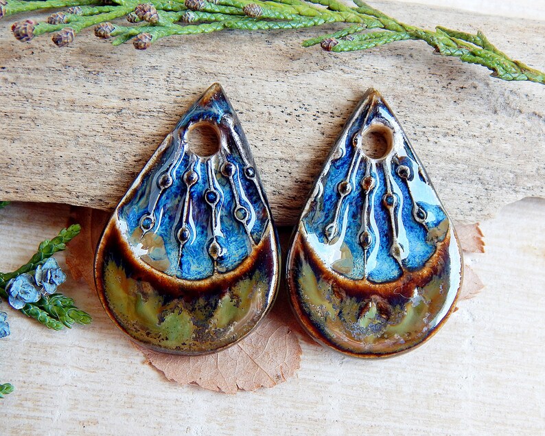 Artisan teardrop charms, 2pcs Rustic ceramic earring pendants, Organic boho components for making jewelry, Handmade dangle art beads image 5