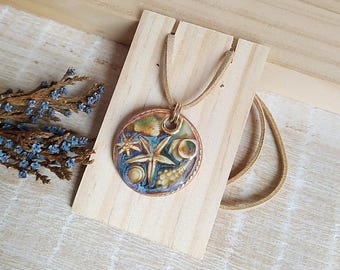 Collar colgante de conchas redondas de cerámica, collar de estrella de mar artesanal de porcelana para amantes del océano