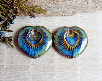 Rustic artisan heart charms, Dangle ceramic earring findings, Unique porcelain beads, 2 Handmade bohemian style findings for making jewelry