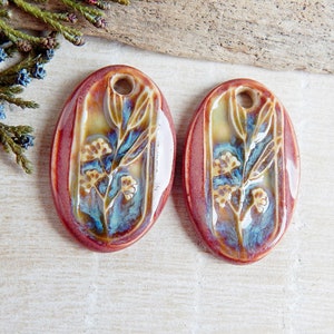 Nature earring charms of ceramic, 2 pcs Wildflowers artisan findings, Handcrafted oval floral pendants, Unique art beads for making jewelry