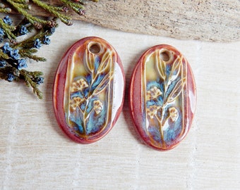 Nature earring charms of ceramic, 2 pcs Wildflowers artisan findings, Handcrafted oval floral pendants, Unique art beads for making jewelry