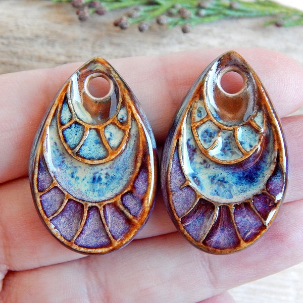 Organic teardrop charms, Pair rustic ceramic pendants, Artisan boho findings to make earrings, Handmade unique jewelry components