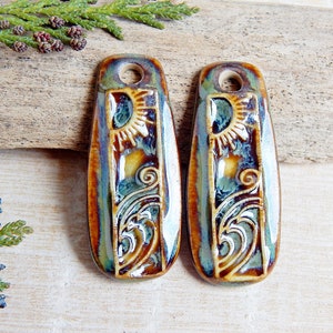 Nature artisan charms, Pair rectangle ceramic pendants, Handmade boho findings to make earrings, Sun and wave unique jewelry components