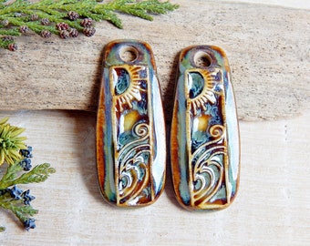 Nature artisan charms, Pair rectangle ceramic pendants, Handmade boho findings to make earrings, Sun and wave unique jewelry components