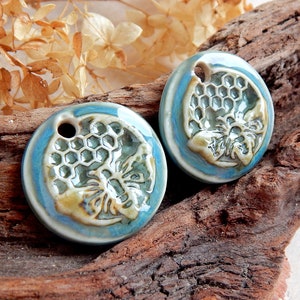 Honeycomb round earring charms, 2 honey bee artisan ceramic jewelry components, Handcrafted boho findings, Handmade unique pendants image 4