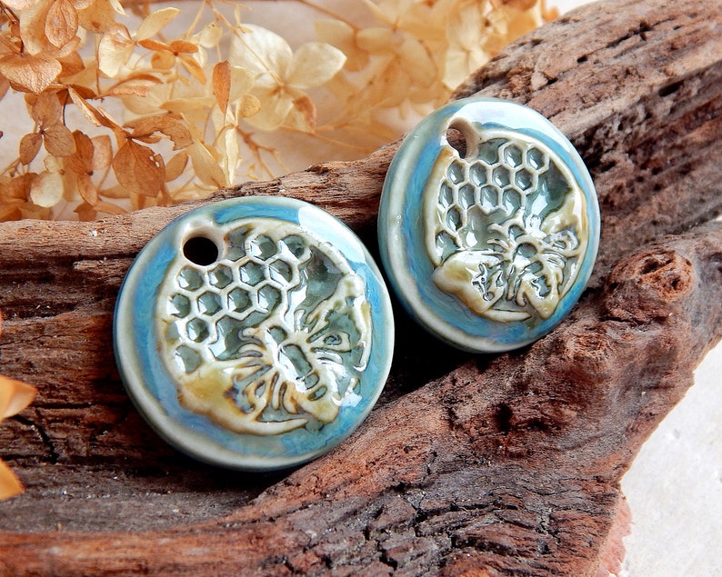 Honeycomb round earring charms, 2 honey bee artisan ceramic jewelry components, Handcrafted boho findings, Handmade unique pendants image 4