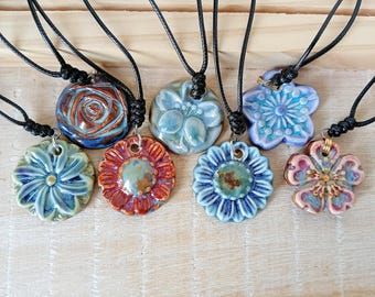 Wildflower pendant necklace of ceramic, Artisan botanical jewelry necklace of porcelain