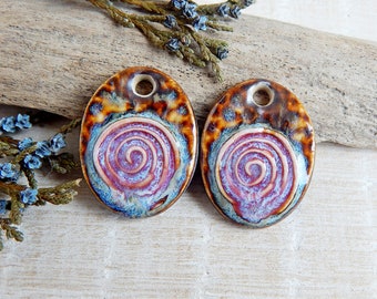 Spiral oval ceramic charms, Artisan rustic pendants, Pair handmade porcelain components, Boho findings to make earrings, Ceramic beads