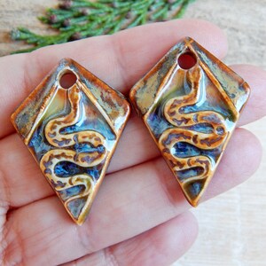 Handmade snake earring charms, 2 pcs Artisan nature ceramic pendants, 1 Hole rhombus shape jewelry supplies, Unique dangle porcelain beads image 5