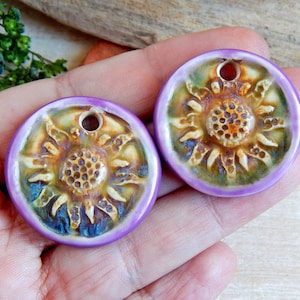 Artisan made ceramic charms sun design, round handcrafted finding, celestial earring pendants, boho jewelry making supplies, pottery beads