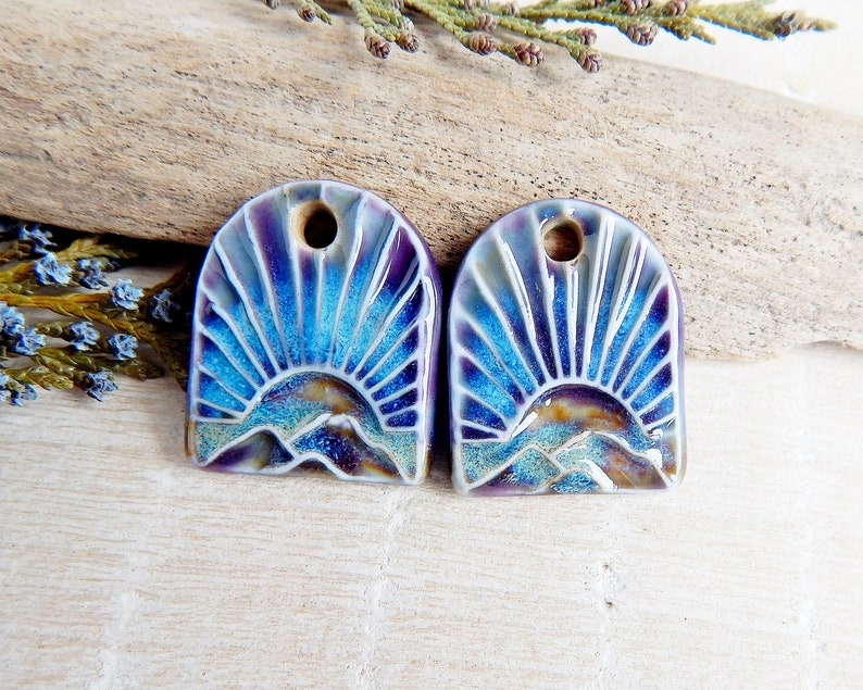 Artisan domed sun charms, 2pcs Mountain ceramic charms for jewelry making, Handcrafted landscape earring findings, Purple porcelain charms image 1