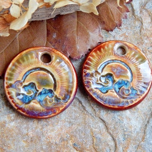 Clouds round earring charms, Pair boho ceramic charms, Artisan circle sun components, Handmade unique findings for making jewelry image 4