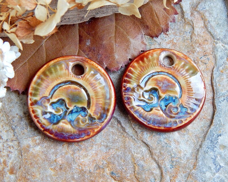 Clouds round earring charms, Pair boho ceramic charms, Artisan circle sun components, Handmade unique findings for making jewelry image 4