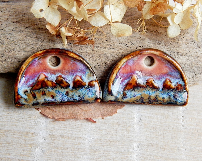 Landscape earring charms of ceramic, Artisan mountains components for making jewelry, Handcrafted nature findings, Dangle beads image 1