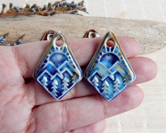 Blue Landscape Artisan Charms, 2pcs Ceramic Mountains Earring