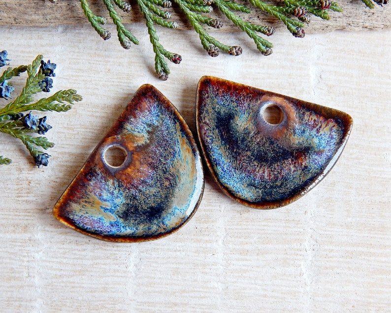 Pair boho components for making earrings, Artisan jewelry charms of ceramic, Handmade dangle findings, Handcrafted rustic pendants porcelain image 6