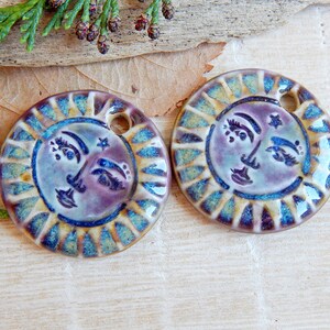 Sun face artisan charms, 2pcs Handmade round ceramic pendants, Celestial unique findings for making jewelry, Sunshine dangle art beads image 4