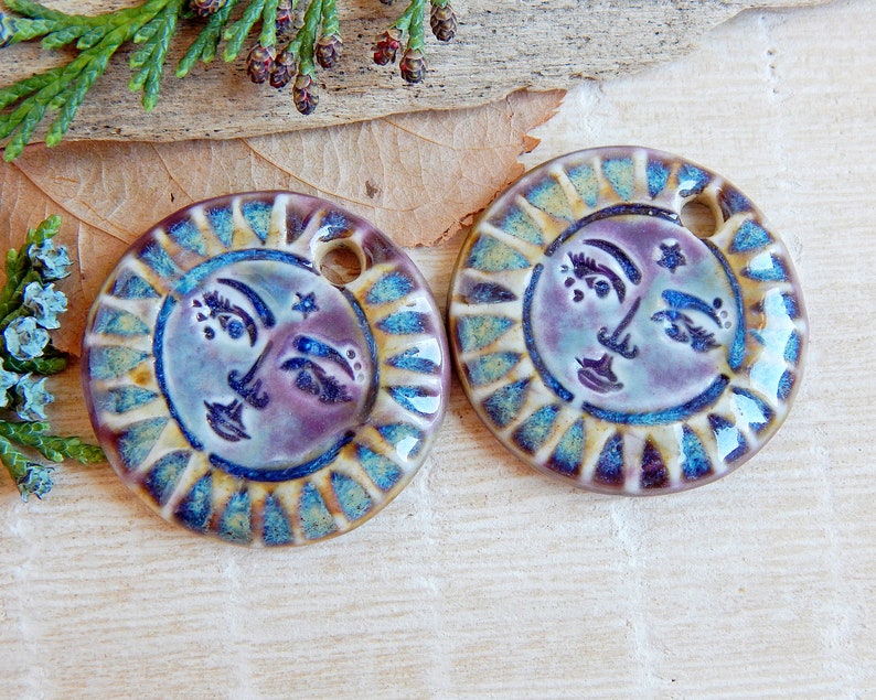 Sun face artisan charms, 2pcs Handmade round ceramic pendants, Celestial unique findings for making jewelry, Sunshine dangle art beads image 4