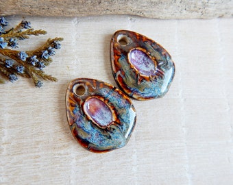 Handmade boho charms of ceramic for making DIY earrings, Teardrop artisan pendants of porcelain, 2pcs Dark rustic components