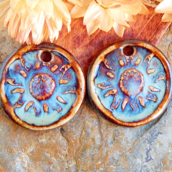 Sun jewelry components, pair of round jewelry charms, red porcelain pendants, unique earring beads of ceramic, boho dangle findings