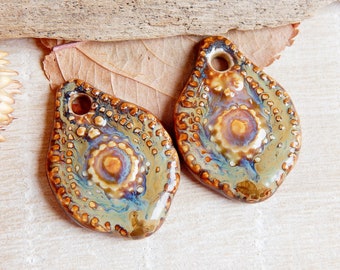 Artisan boho earring charms of ceramic, drop long earring findings, 2 pcs ceramic pendants to make necklace, porcelain dangle beads