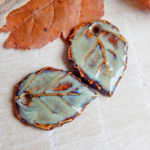 Pair brown ceramic leaves charms to make earrings, Handmade forest pendants for necklace, Artisan autumn components, Leaf jewelry findings image 4
