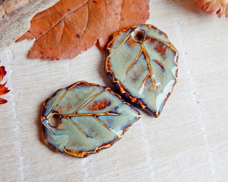 Pair brown ceramic leaves charms to make earrings, Handmade forest pendants for necklace, Artisan autumn components, Leaf jewelry findings image 4