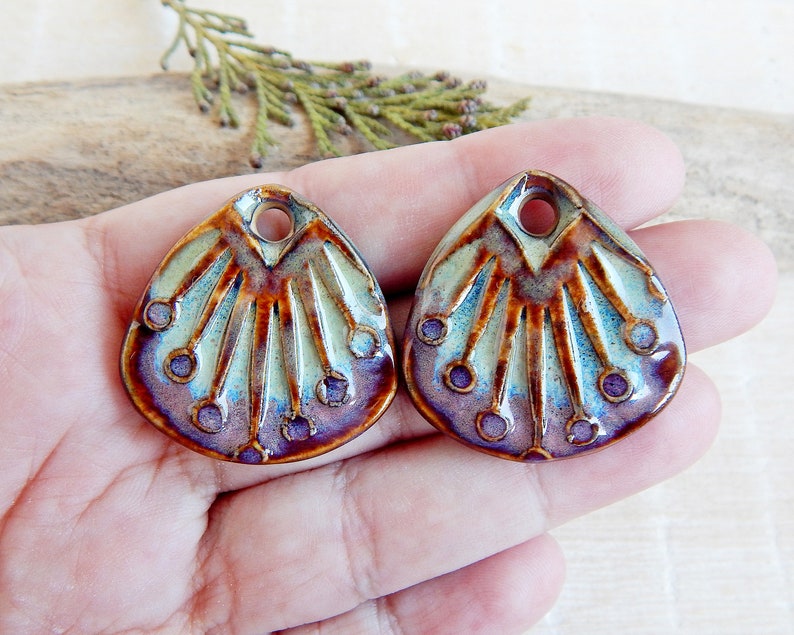 Rustic earring findings, Large dangle charms of ceramic, Artisan boho porcelain pendants for making jewelry, Handcrafted sun rays beads image 2