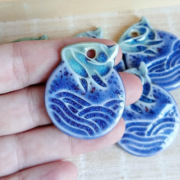Blue whale necklace pendant, Handmade sea animal ceramic charm for making jewelry, Ocean DIY components of porcelain