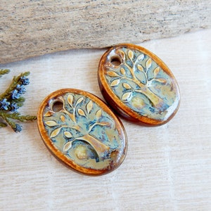 Tree of life ceramic charms, Artisan nature pendants, Pair of oval porcelain components, Boho findings to make earrings, Ceramic beads image 2