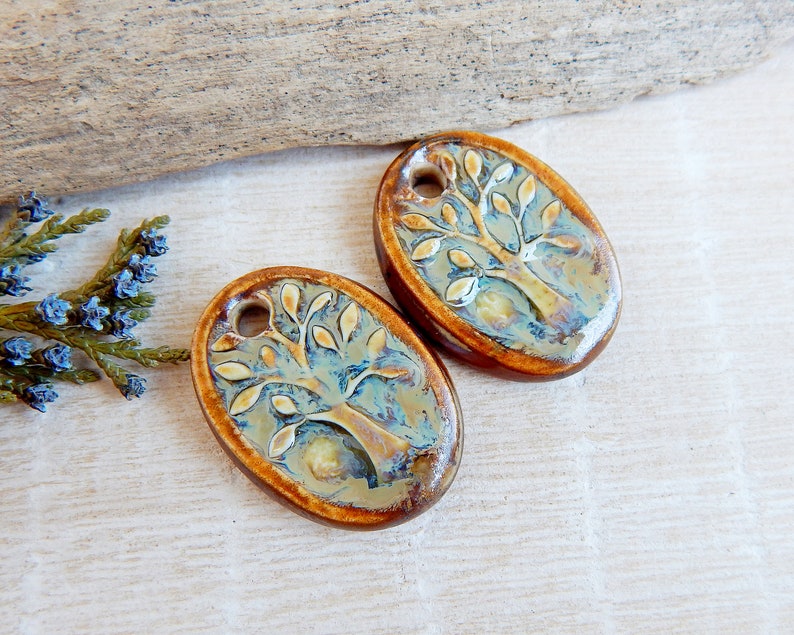 Tree of life ceramic charms, Artisan nature pendants, Pair of oval porcelain components, Boho findings to make earrings, Ceramic beads image 2